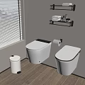 Modern White Wall Mounted Toilets In Bathroom With Shelves Trash Can And Wooden Floor