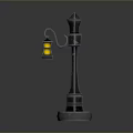 Vintage Street Lamp Design With Black Post Pointed Top Red Lantern And Yellow Light