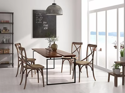 Wooden Dining Table Set With Cross Back Chairs Pendant Light And Sea View 3d model