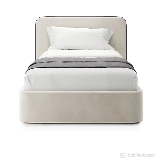 Beige Upholstered Single Bed With Curved Headboard White Pillows And Gray Striped Blanket 3d model 