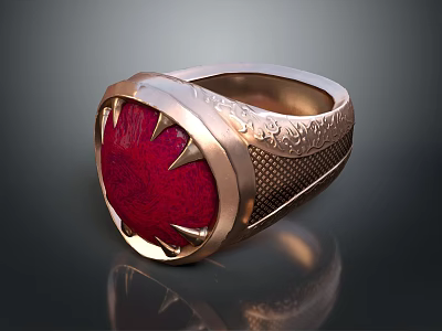 Fashion Ring With Red Gemstone And Golden Band Engraved Patterns Mesh Design 3d model