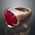 Fashion Ring With Red Gemstone And Golden Band Engraved Patterns Mesh Design