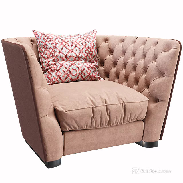 Light Brown Single Sofa With Tufted Design And Curved Arms Red And White Patterned Pillow 3d model