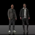 Men Wearing Plaid Blazer Gray Pants White Shoes Black Hoodie Ripped Jeans Sneakers Black Background