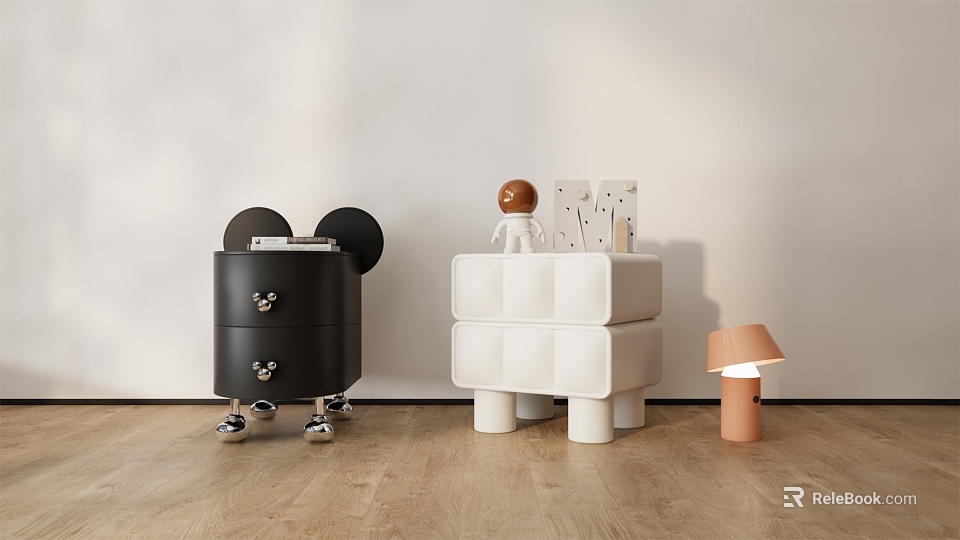Black And White Decorative Cabinets With Drawers Wheels Cubes Figurine And Cards On Wooden Floor 3d model 