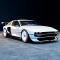 White Modified Sports Car Featuring Wide Body Rear Spoiler White Wheels In Empty Indoor Space