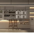 Modern Café Interior Design With Open Counter Wooden Stools Pastry Display And Hanging Lights