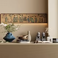 Decorative Ornament Combination on Shelf with Blue Vase Wooden Bowls Stone Lions and Figure Painting
