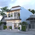 Modern Detached House With White Exterior Balcony And Garage Surrounded By Greenery And Trees