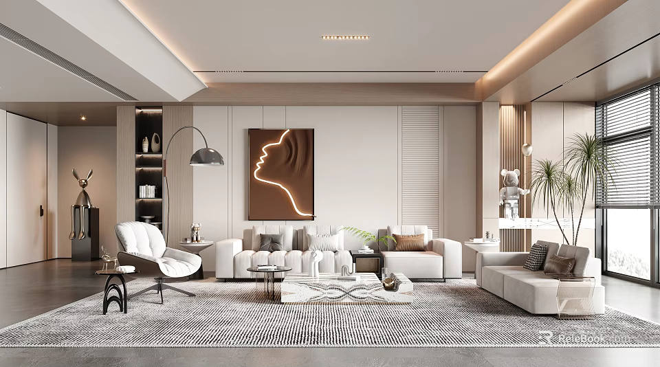 Modern Living Room Interior With Sofas Armchair And Art Decor 3d model