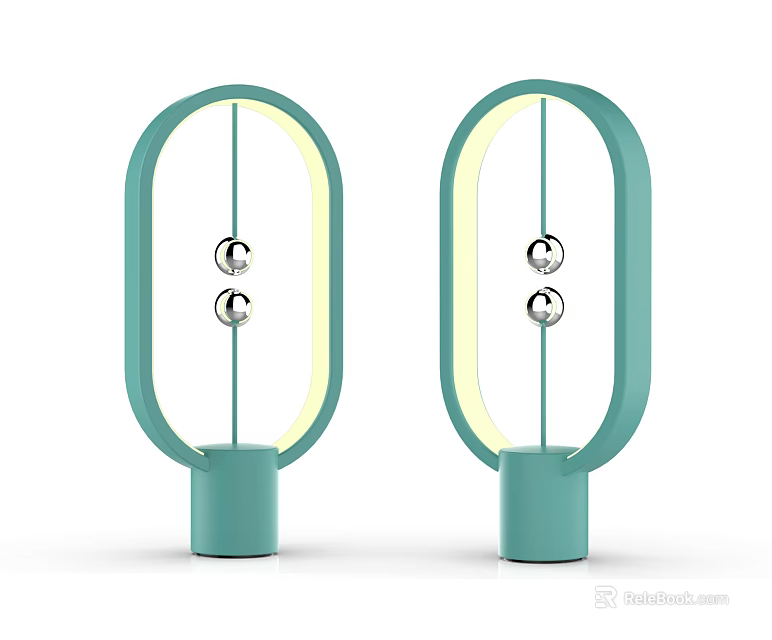 Two Turquoise Oval Shaped Table Lamps With Yellow Light And Silver Spherical Decorations 3d model 