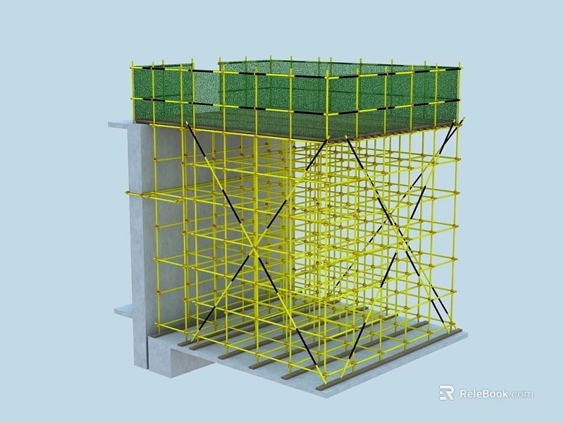Industrial Equipment Yellow Scaffolding Structure With Green Safety Net For Construction Support 3d model 
