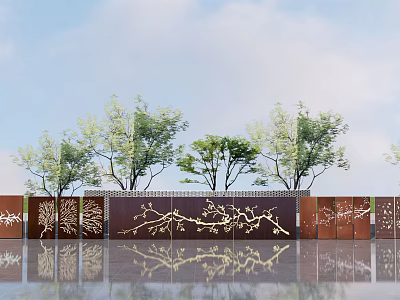 Modern Landscape Wall with Golden Branch Patterns Surrounded by Trees and Water Reflection 3d model