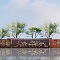 Modern Landscape Wall with Golden Branch Patterns Surrounded by Trees and Water Reflection