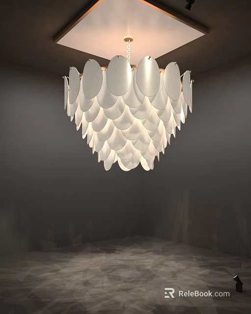 Modern White Chandelier with Petal Shaped Plates and Soft Illumination in Minimalist Interior Space 3d model 
