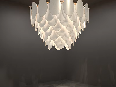 Modern White Chandelier with Petal Shaped Plates and Soft Illumination in Minimalist Interior Space 3d model