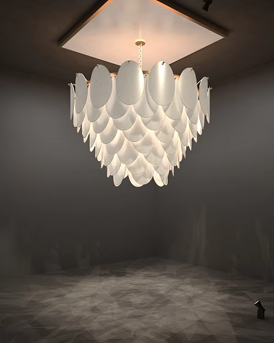 Modern White Chandelier with Petal Shaped Plates and Soft Illumination in Minimalist Interior Space 3d model