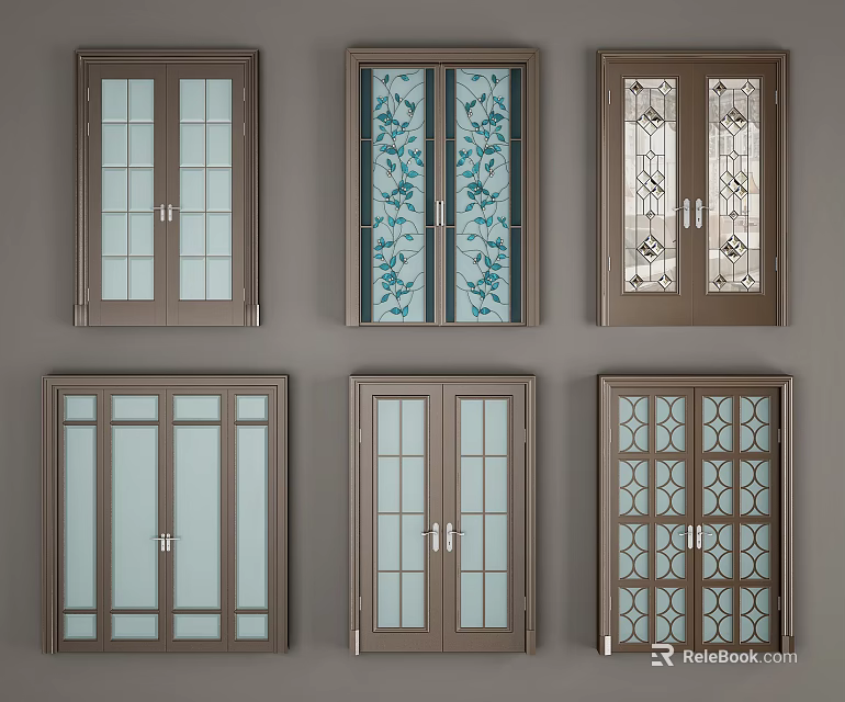 Stylish Wooden Double Doors With Various Decorative Glass Patterns For Home Interior 3d model