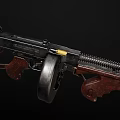 Vintage Submachine Guns With Wooden Stocks Black Metal Parts Drum Magazines And Scattered Bullets