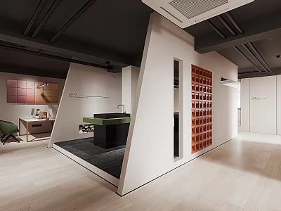 Modern Public Office Space With Open Workstations Green Chairs And Red Decorative Wall 3d model