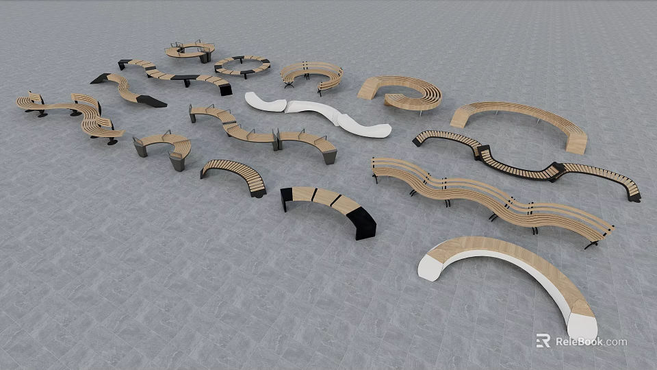 Curved And Arched Landscape Seats With Wooden Metal Frames For Outdoor Public Areas 3d model 