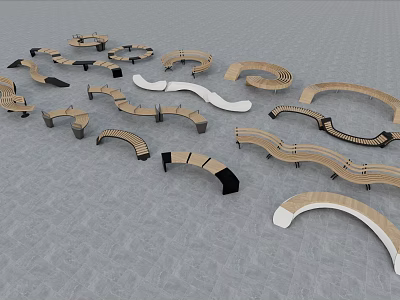 Curved And Arched Landscape Seats With Wooden Metal Frames For Outdoor Public Areas 3d model