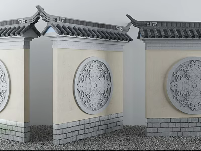 Chinese Traditional Scenic Wall with Tile Roof Circular Relief and Gray Brick Base 3d model