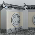Chinese Traditional Scenic Wall with Tile Roof Circular Relief and Gray Brick Base