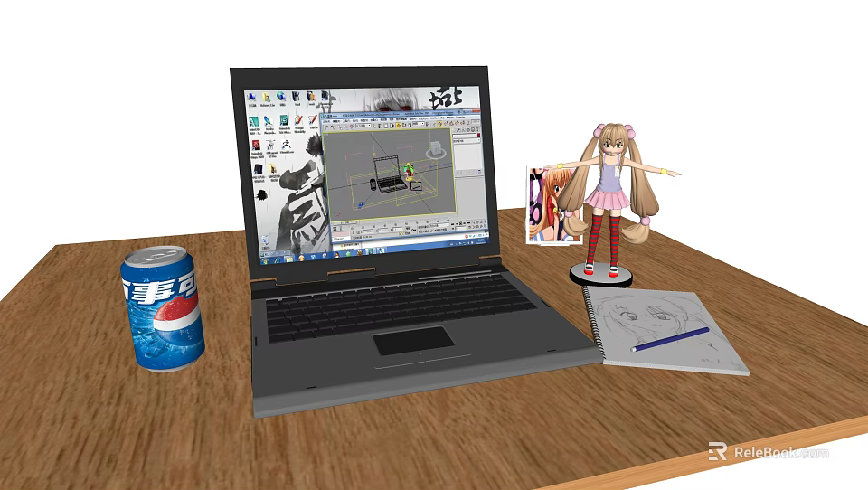 Wooden Desk With Laptop Pepsi Can Anime Figure Drawing Paper And Pen 3d model 