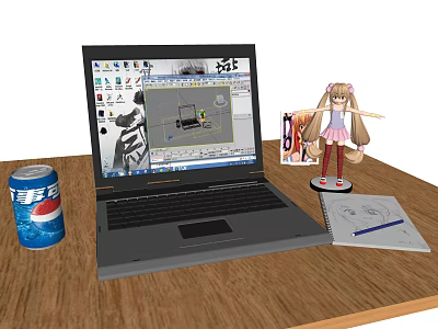 Wooden Desk With Laptop Pepsi Can Anime Figure Drawing Paper And Pen 3d model