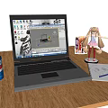 Wooden Desk With Laptop Pepsi Can Anime Figure Drawing Paper And Pen