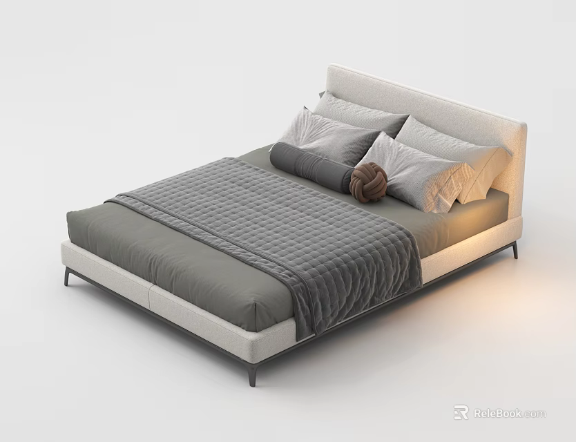 Modern Minimalist Single Bed with Light Headboard Gray Quilt and Soft Pillows 3d model 