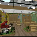 Children's Products Specialty Store With Red Baby Stroller Rabbit Plush Wooden Shelves And Green Plants