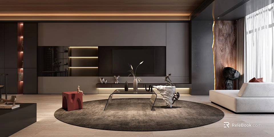 Elegant Modern Living Room Interior With Round Rug Glass Coffee Table And TV Wall 3d model 