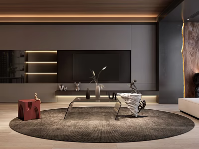 Elegant Modern Living Room Interior With Round Rug Glass Coffee Table And TV Wall 3d model
