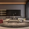 Elegant Modern Living Room Interior With Round Rug Glass Coffee Table And TV Wall
