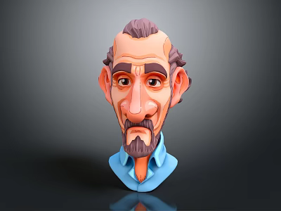 Cartoon Male Character 3D Head Model With Beard Brown Hair And Blue Shirt 3d model
