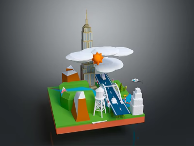 Cartoon City Scene With Tall Building Road Bridge Sun And Green Landscape 3d model