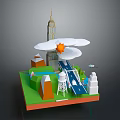 Cartoon City Scene With Tall Building Road Bridge Sun And Green Landscape