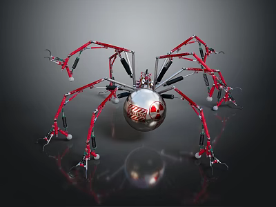 Shiny Red Silver Mechanical Spider With Multiple Legs And Spherical Metallic Body 3d model