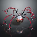 Shiny Red Silver Mechanical Spider With Multiple Legs And Spherical Metallic Body 3d model