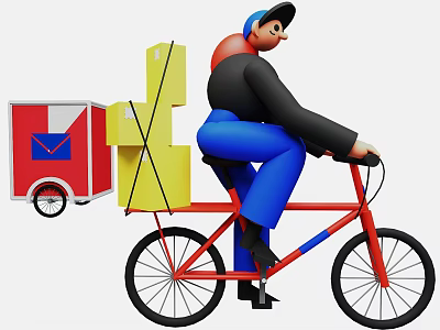 3D Cartoon Delivery Character On Bicycle With Packages And Trailer 3d model