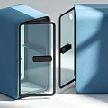 Blue Fabric Covered Storage Box With Glass Door Black Handle Open Closed