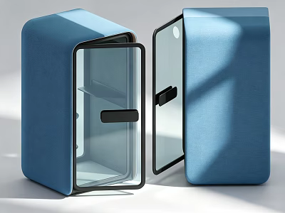 Blue Fabric Covered Storage Box With Glass Door Black Handle Open Closed 3d model