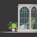 Indoor Scene With Pink Arched Windows Sofa Plants And Wooden Table 3d model