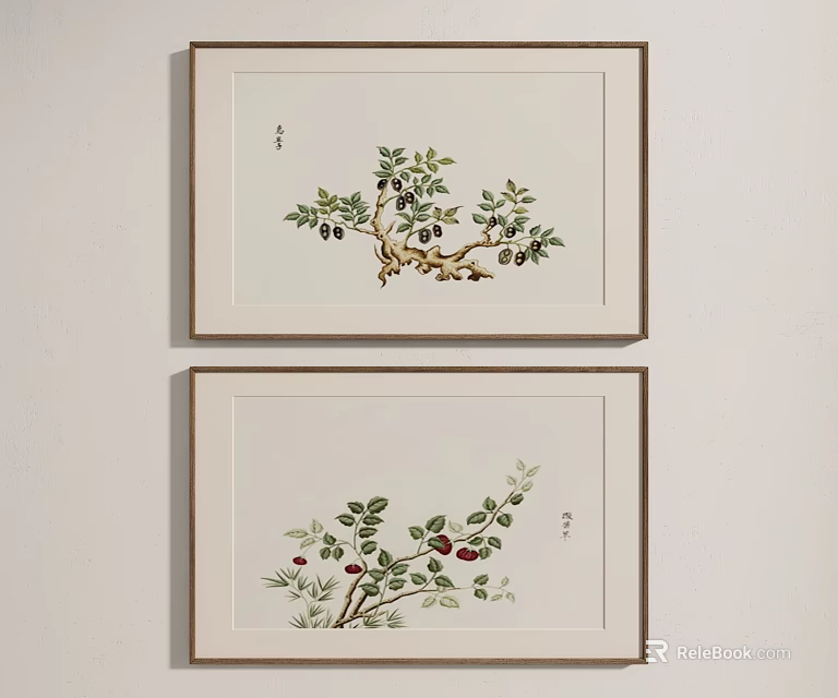 Elegant Framed Botanical Paintings with Green Leaves and Red Fruits for Wall Decoration 3d model 