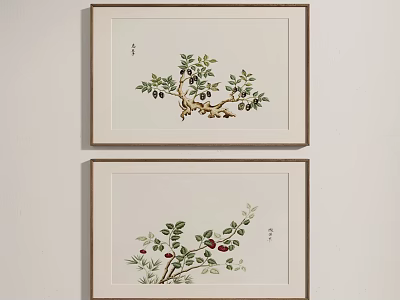 Elegant Framed Botanical Paintings with Green Leaves and Red Fruits for Wall Decoration 3d model