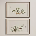 Elegant Framed Botanical Paintings with Green Leaves and Red Fruits for Wall Decoration