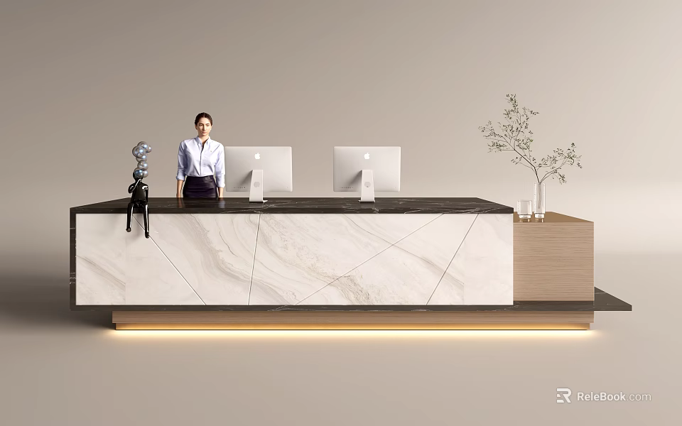 Front Desk Reception With Professional Receptionist Modern Marble Desk Two Computers Decorative Plant And Sculpture 3d model 