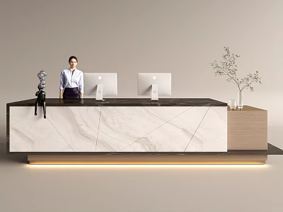 Front Desk Reception With Professional Receptionist Modern Marble Desk Two Computers Decorative Plant And Sculpture 3d model